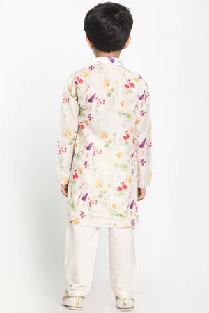 Boys Multicolor-Cream Cotton Blend Kurta Pajama Set & Girls Printed Floral Linen Kurta And Straight Pant Set