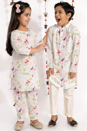 Boys Multicolor-Cream Cotton Blend Kurta Pajama Set & Girls Printed Floral Linen Kurta And Straight Pant Set