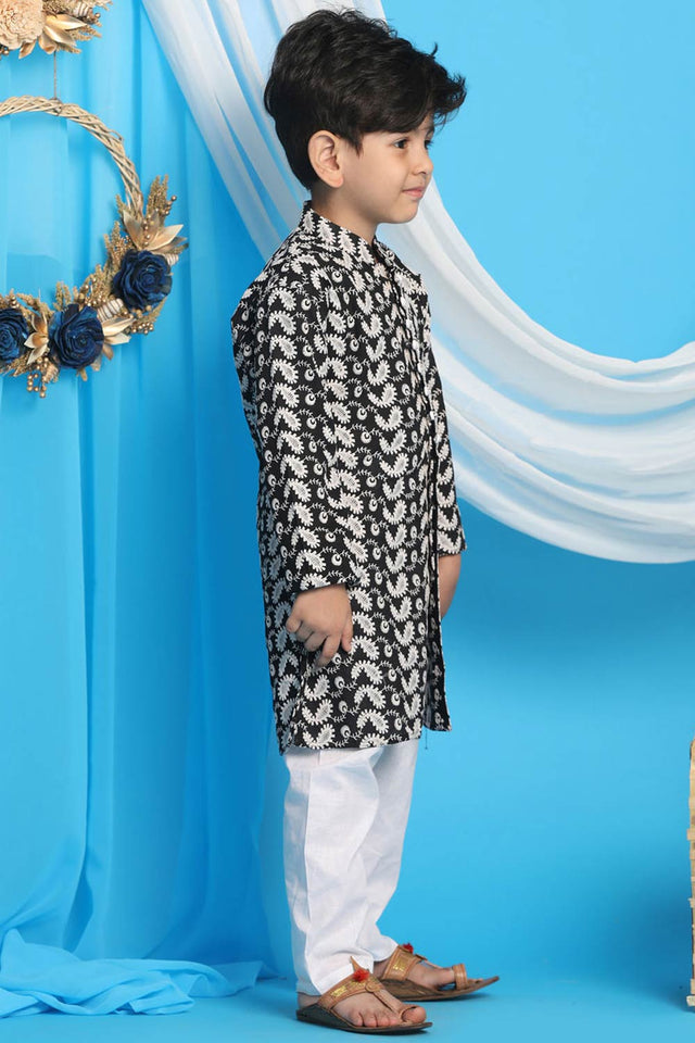 Boys Black And White Kurta Pajama Set & Girls Chikankari Cotton Kurta And Leggings Set