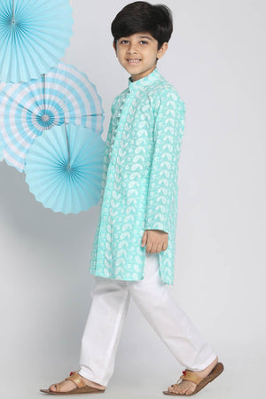 Boys Green And White Kurta Pajama Set & Girls Chikankari Cotton Kurta And Leggings Set