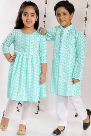 Boys Green And White Kurta Pajama Set & Girls Chikankari Cotton Kurta And Leggings Set