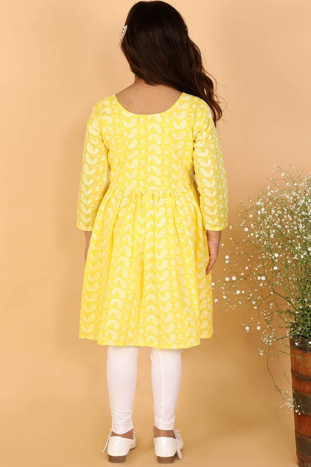 Boys Mustard And White Kurta Pajama Set & Girls Chikankari Cotton Kurta And Leggings Set