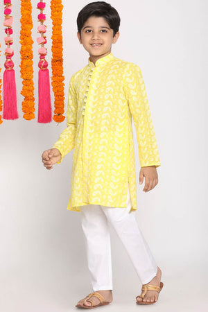 Boys Mustard And White Kurta Pajama Set & Girls Chikankari Cotton Kurta And Leggings Set