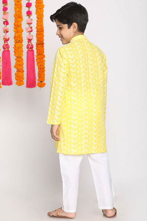 Boys Mustard And White Kurta Pajama Set & Girls Chikankari Cotton Kurta And Leggings Set