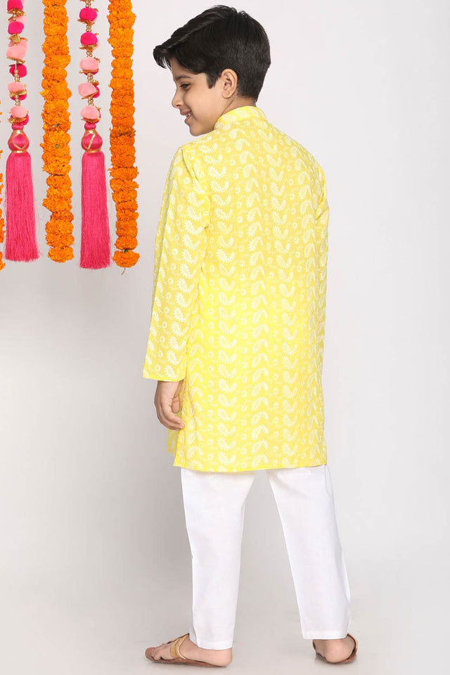 Boys Mustard And White Kurta Pajama Set & Girls Chikankari Cotton Kurta And Leggings Set
