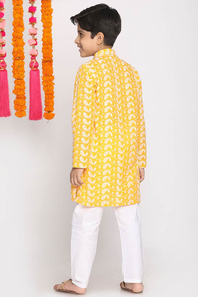 Boys Orange And White Kurta Pajama Set & Girls Chikankari Cotton Kurta And Leggings Set