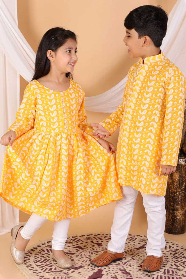 Boys Orange And White Kurta Pajama Set & Girls Chikankari Cotton Kurta And Leggings Set