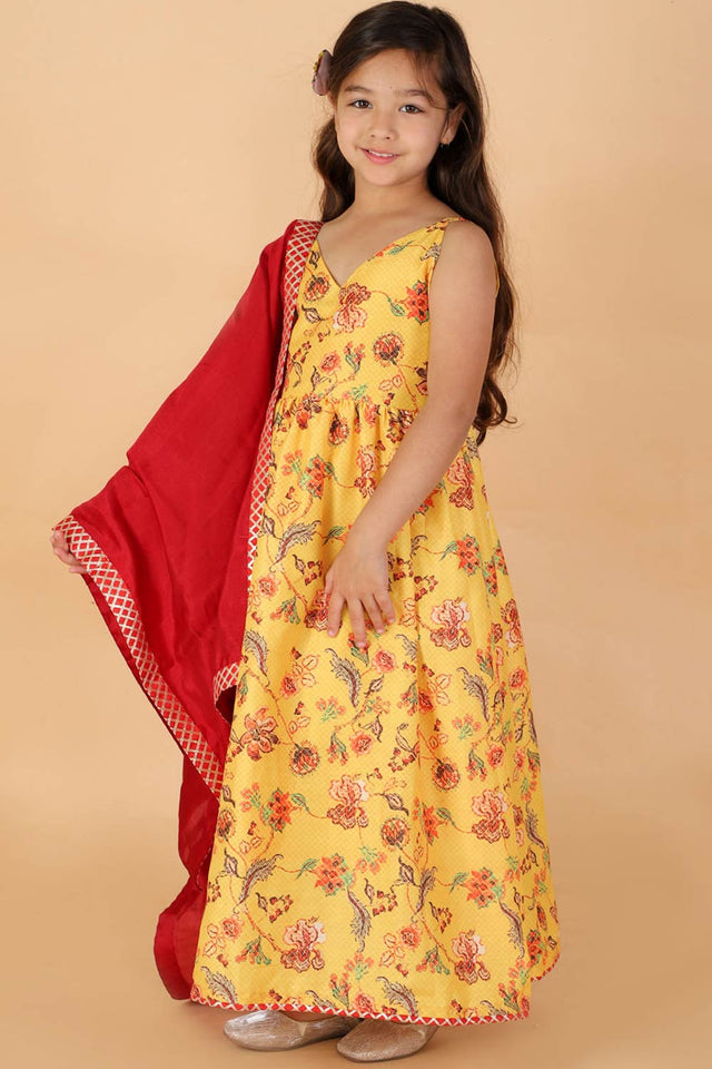 Boys Multicolor-Mustard And Cream Kurta Pajama Set & Girls Yellow And Maroon Anarkali And Dupatta Set