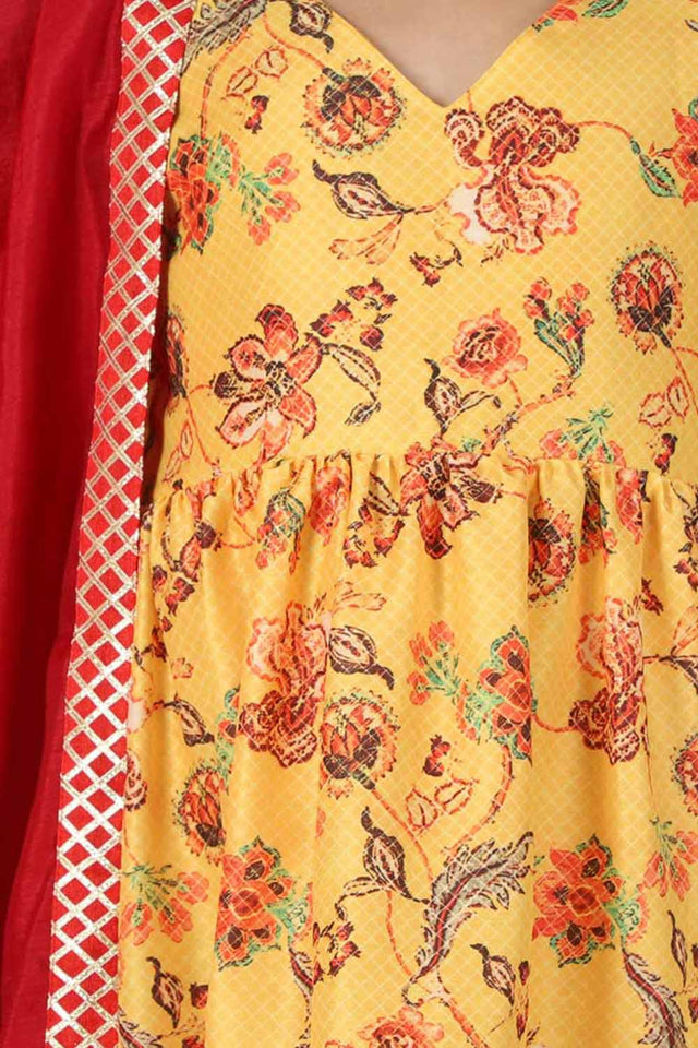 Boys Multicolor-Mustard And Cream Kurta Pajama Set & Girls Yellow And Maroon Anarkali And Dupatta Set
