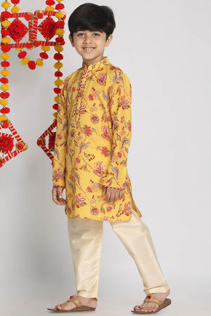 Boys Multicolor-Mustard And Cream Kurta Pajama Set & Girls Yellow And Maroon Anarkali And Dupatta Set