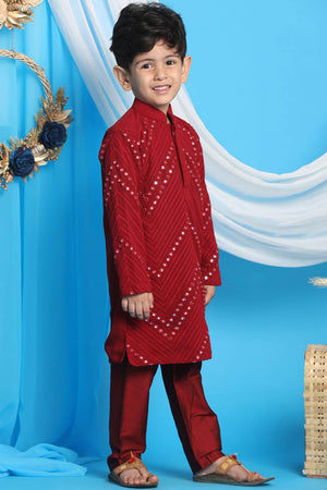 Boys Maroon Mirror Work Kurta And Pajama And Girls Mirror Work Georgette Kurta And Churidar Set