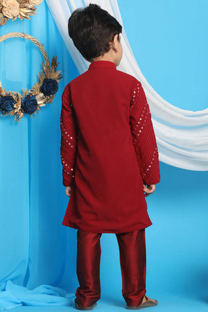 Boys Maroon Mirror Work Kurta And Pajama And Girls Mirror Work Georgette Kurta And Churidar Set