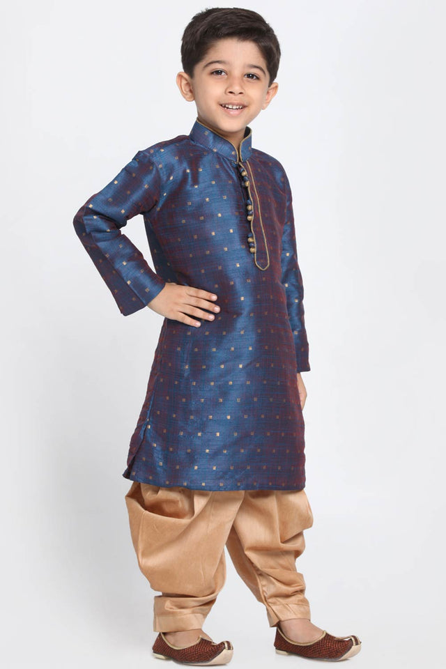 Boys Blue And Gold Silk Blend Kurta And Dhoti Set & Girls Jacquard Kurta With Sharara Set