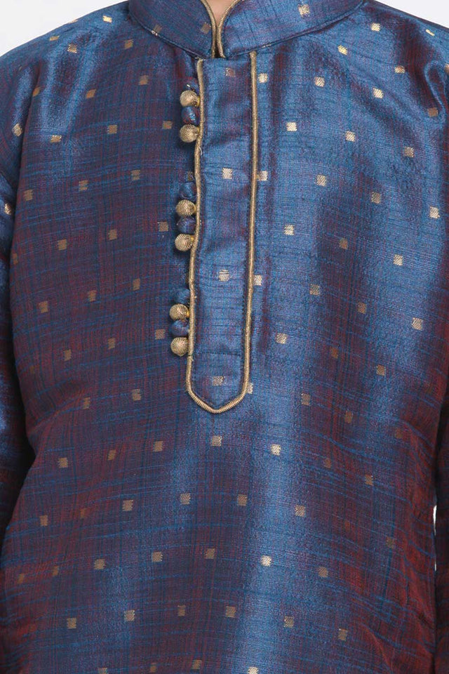 Boys Blue And Gold Silk Blend Kurta And Dhoti Set & Girls Jacquard Kurta With Sharara Set