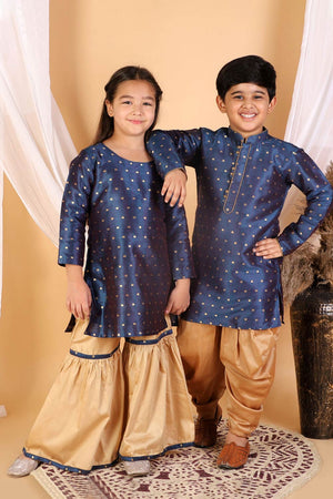 Boys Blue And Gold Silk Blend Kurta And Dhoti Set & Girls Jacquard Kurta With Sharara Set
