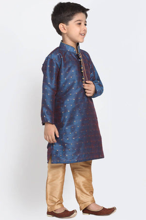 Boys Blue And Gold Silk Blend Kurta Pajama Set & Girls Jacquard Kurta With Sharara Set