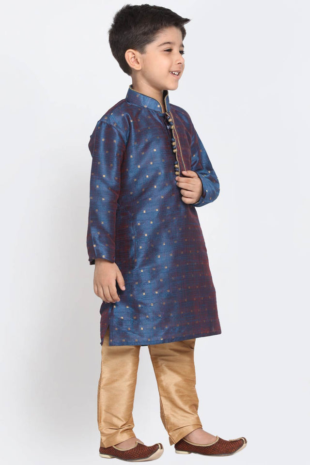 Boys Blue And Gold Silk Blend Kurta Pajama Set & Girls Jacquard Kurta With Sharara Set
