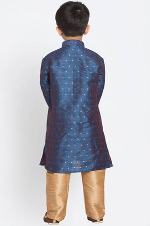 Boys Blue And Gold Silk Blend Kurta Pajama Set & Girls Jacquard Kurta With Sharara Set