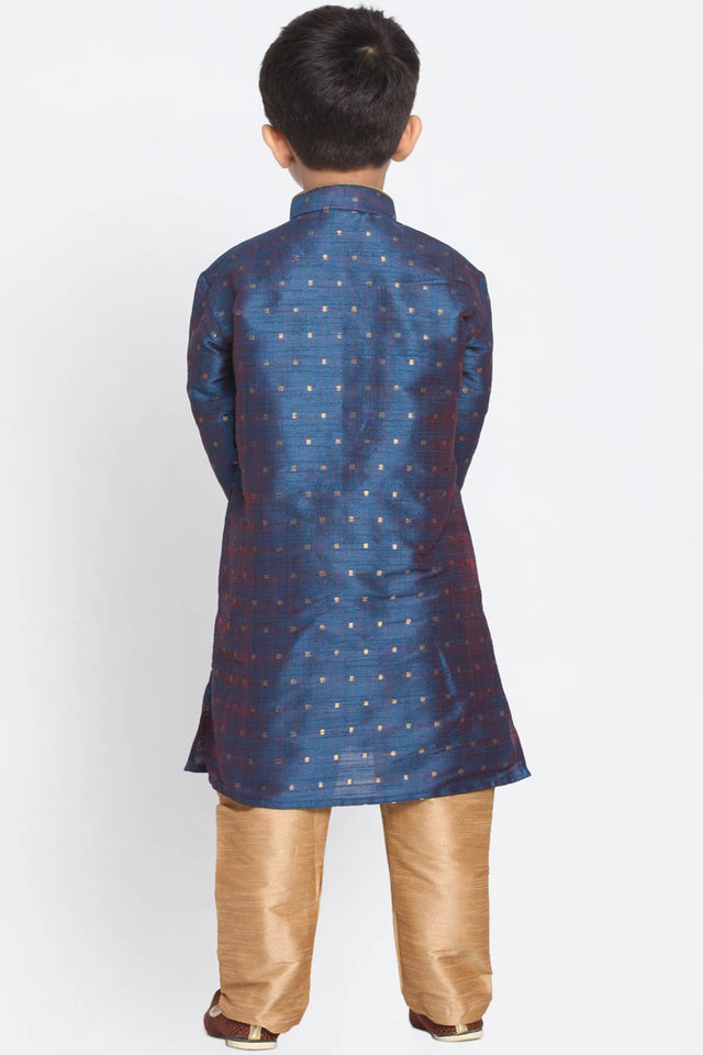 Boys Blue And Gold Silk Blend Kurta Pajama Set & Girls Jacquard Kurta With Sharara Set