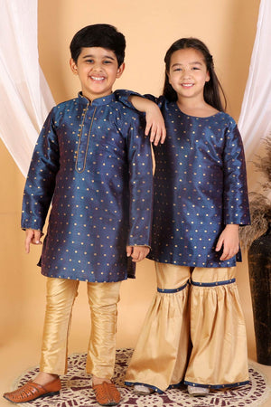 Boys Blue And Gold Silk Blend Kurta Pajama Set & Girls Jacquard Kurta With Sharara Set
