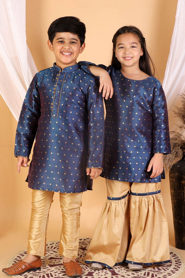 Boys Blue And Gold Silk Blend Kurta Pajama Set & Girls Jacquard Kurta With Sharara Set