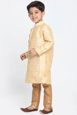 Boys Gold Silk Blend Kurta Pajama Set & Girls Jacquard Kurta With Sharara Set