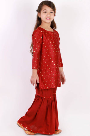 Boys Maroon And Rose Gold Silk Blend Kurta And Dhoti Set & Girls Jacquard Kurta With Sharara Set