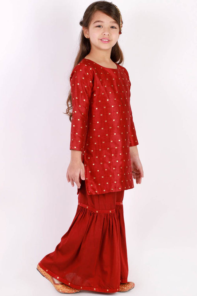 Boys Maroon And Rose Gold Silk Blend Kurta And Dhoti Set & Girls Jacquard Kurta With Sharara Set