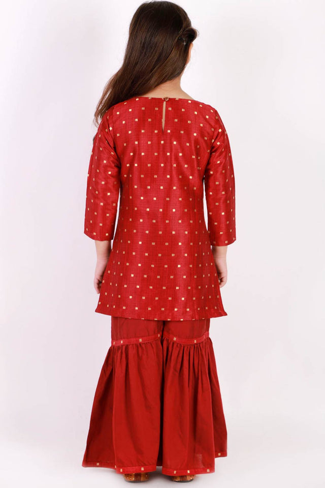 Boys Maroon And Rose Gold Silk Blend Kurta And Dhoti Set & Girls Jacquard Kurta With Sharara Set