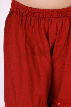 Boys Maroon And Rose Gold Silk Blend Kurta And Dhoti Set & Girls Jacquard Kurta With Sharara Set