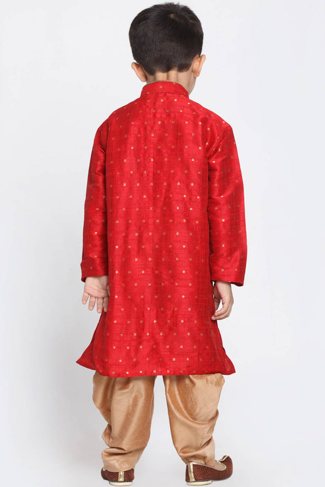Boys Maroon And Rose Gold Silk Blend Kurta And Dhoti Set & Girls Jacquard Kurta With Sharara Set