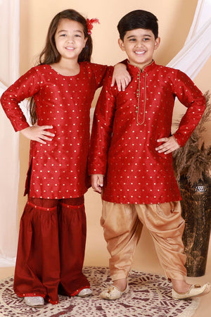 Boys Maroon And Rose Gold Silk Blend Kurta And Dhoti Set & Girls Jacquard Kurta With Sharara Set