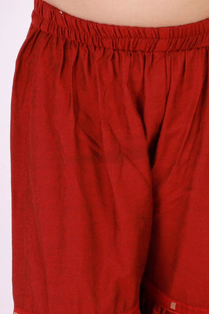 Boys Maroon And Rose Gold Silk Blend Kurta Pajama Set & Girls Jacquard Kurta With Sharara Set