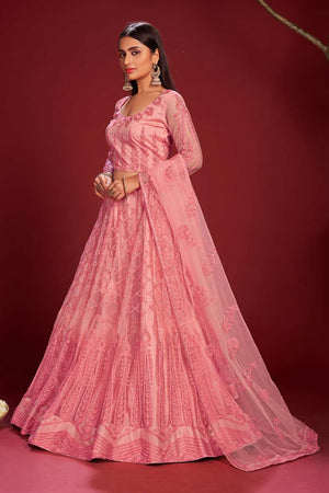 Pink Net Embroidered Lehenga Choli