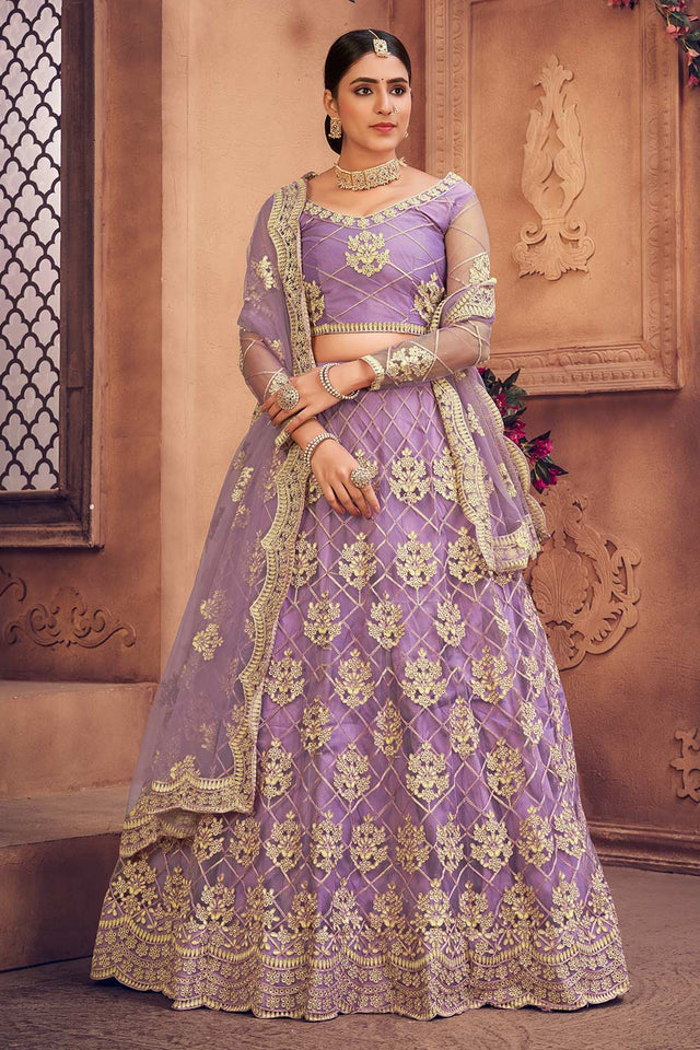 Purple Net Embroidered Lehenga Choli