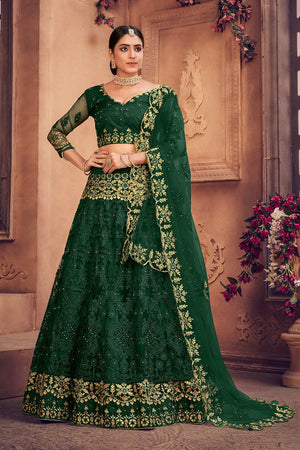 Green Net Embroidered Lehenga Choli