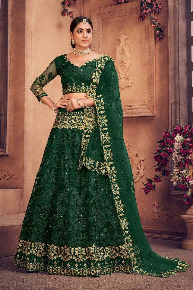 Green Net Embroidered Lehenga Choli