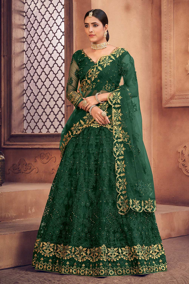 Green Net Embroidered Lehenga Choli