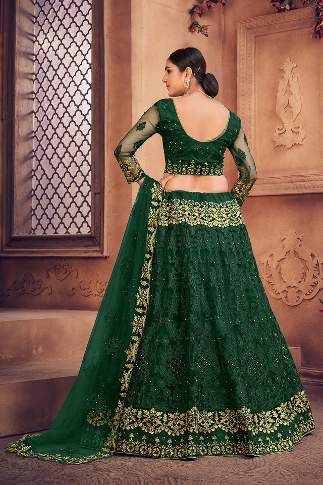 Green Net Embroidered Lehenga Choli
