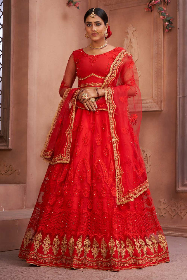 Red Net Embroidered Lehenga Choli