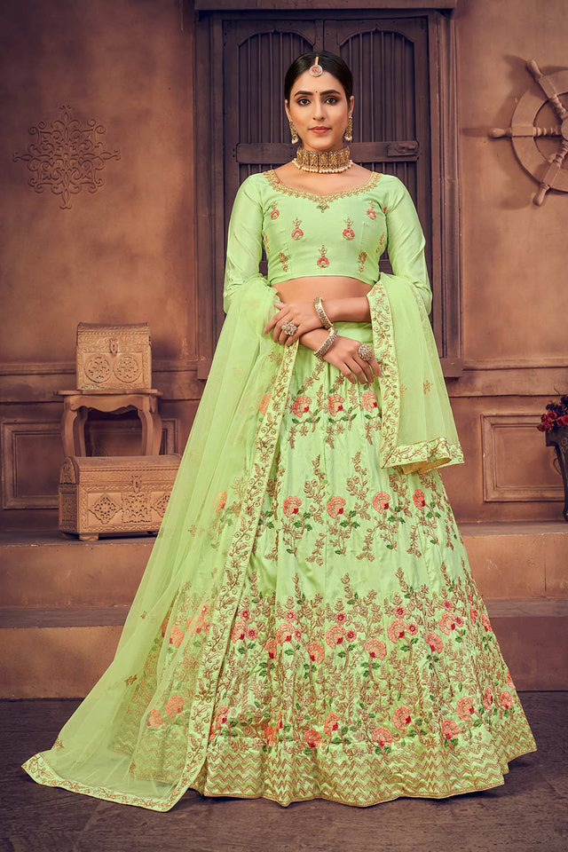 Green Taffeta Silk Embroidered Lehenga Choli