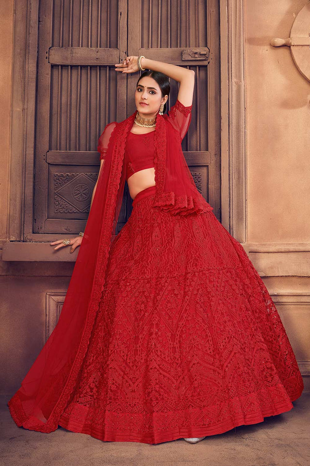 Red Net Embroidered Lehenga Choli