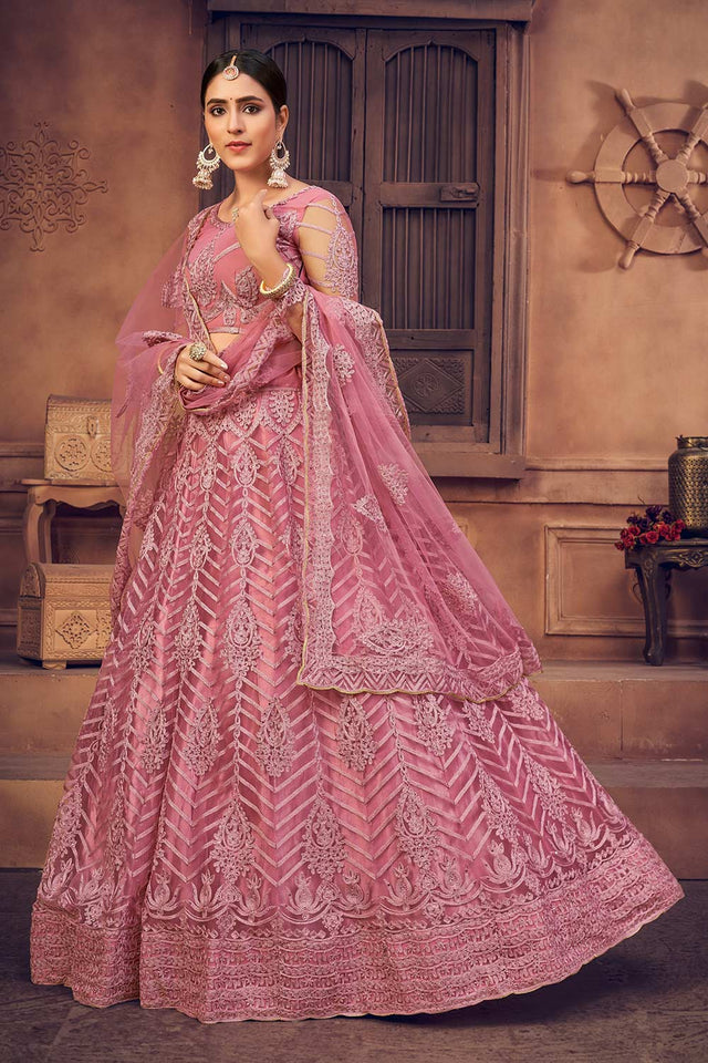 Pink Net Embroidered Lehenga Choli