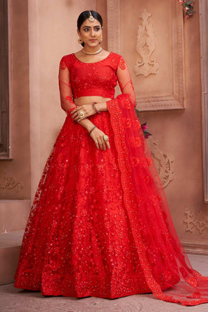 Red Net Embroidered Lehenga Choli