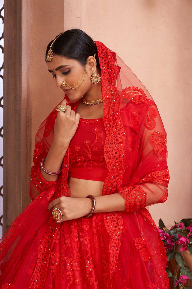 Red Net Embroidered Lehenga Choli
