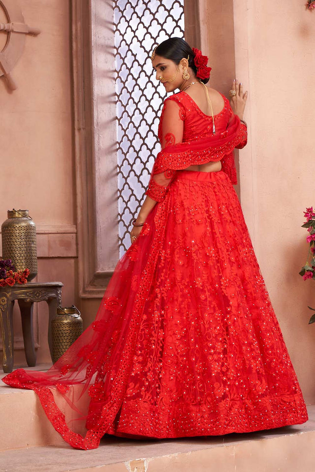 Red Net Embroidered Lehenga Choli