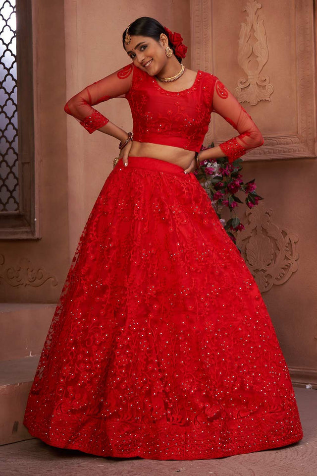 Red Net Embroidered Lehenga Choli