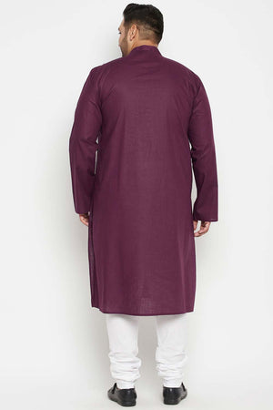 Buy Men's Cotton Blend Solid Kurta Set in Purple - Back