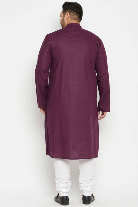 Buy Men's Cotton Blend Solid Kurta Set in Purple - Back