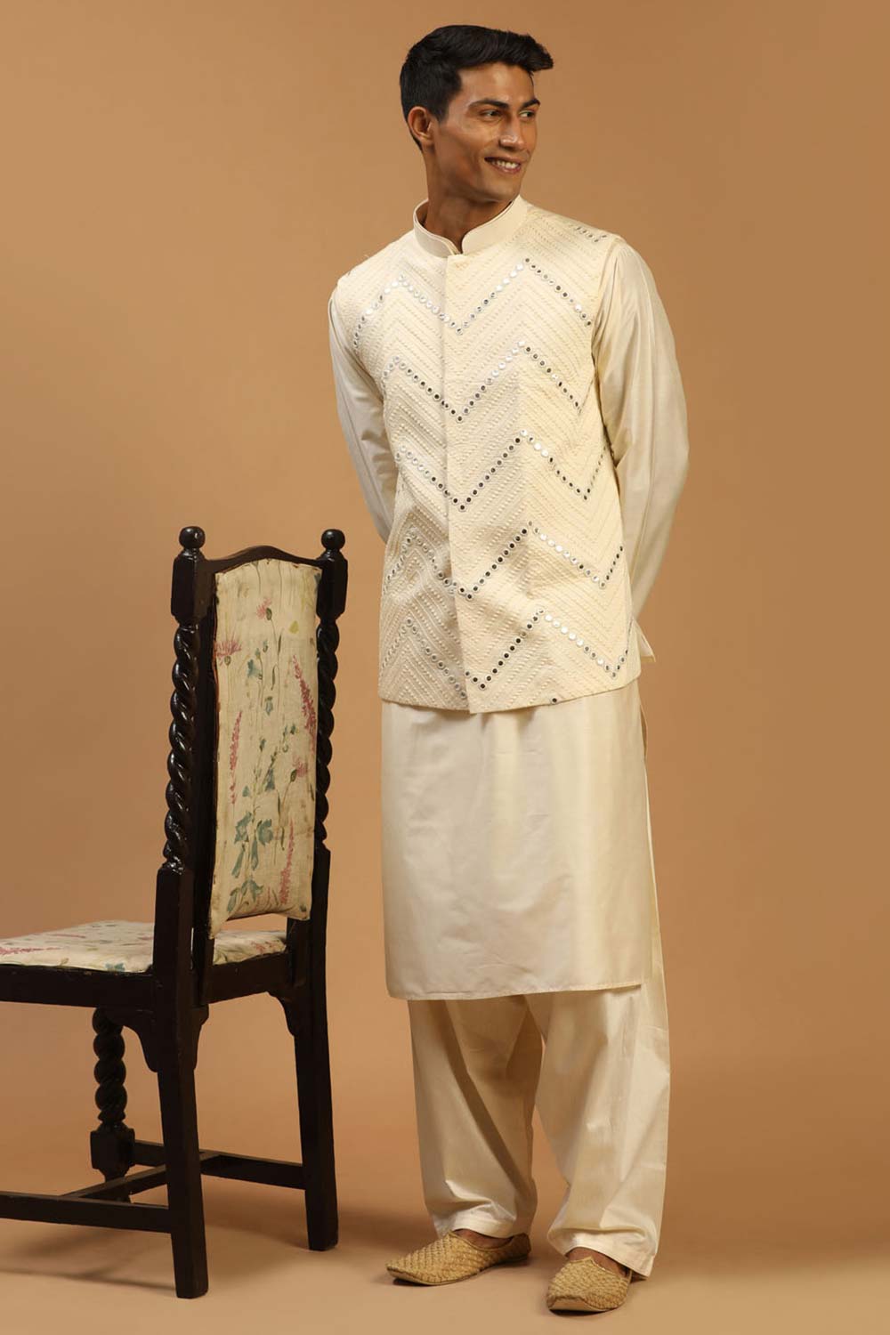 Buy Buy Men's Cream Viscose Mirror Work Embroidered Kurta Pajama